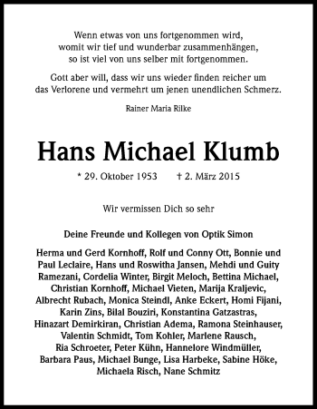 Anzeige von Hans Michael Klumb von Kölner Stadt-Anzeiger / Kölnische Rundschau / Express