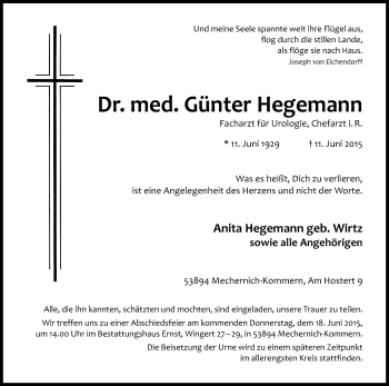 Anzeige von Günter Hegemann von Kölner Stadt-Anzeiger / Kölnische Rundschau / Express