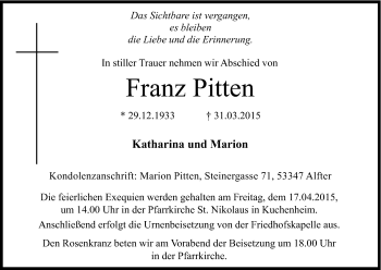 Anzeige von Franz Pitten von Kölner Stadt-Anzeiger / Kölnische Rundschau / Express