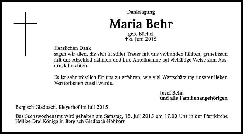  Traueranzeige für Maria Behr vom 11.07.2015 aus Kölner Stadt-Anzeiger / Kölnische Rundschau / Express