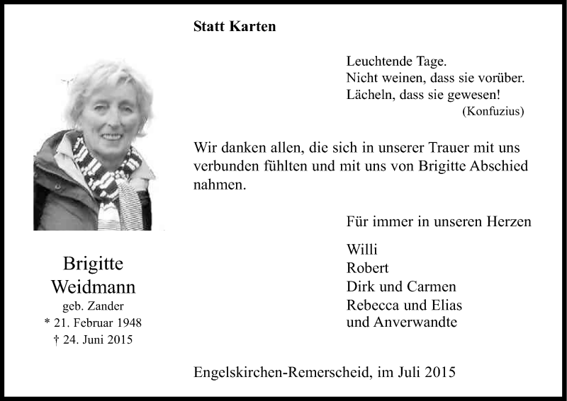  Traueranzeige für Brigitte Weidmann vom 18.07.2015 aus Kölner Stadt-Anzeiger / Kölnische Rundschau / Express