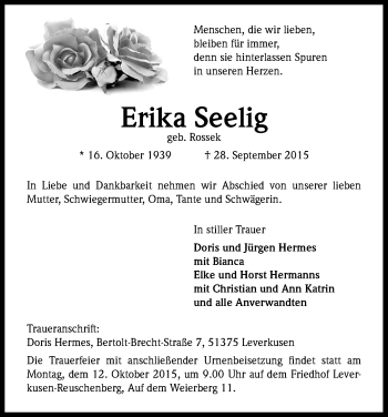 Anzeige von Erika Seelig von Kölner Stadt-Anzeiger / Kölnische Rundschau / Express