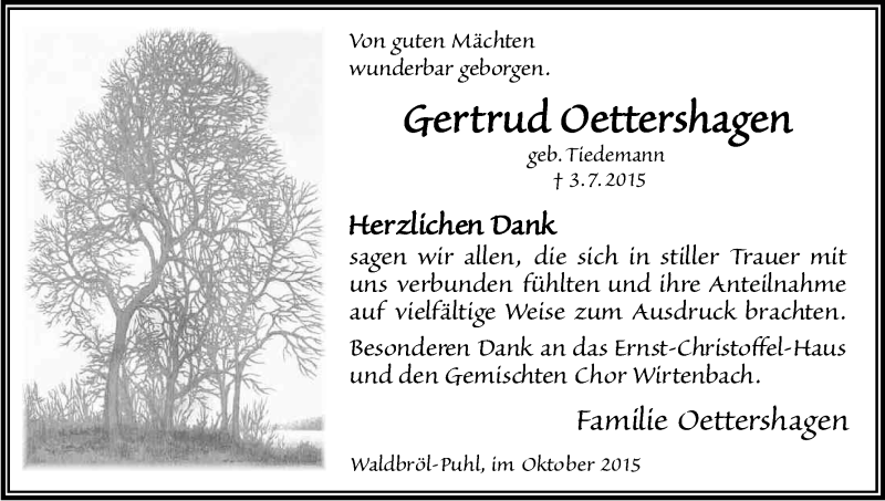  Traueranzeige für Gertrud Oettershagen vom 06.10.2015 aus Kölner Stadt-Anzeiger / Kölnische Rundschau / Express