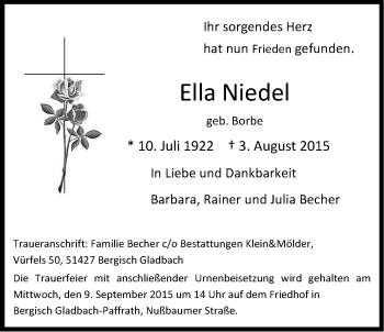 Anzeige von Ella Niedel von Kölner Stadt-Anzeiger / Kölnische Rundschau / Express