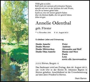 Anzeige von Annelie Odenthal von Kölner Stadt-Anzeiger / Kölnische Rundschau / Express