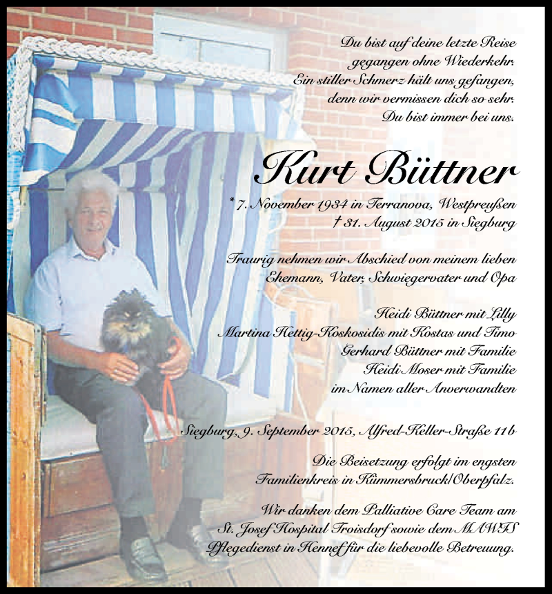  Traueranzeige für Kurt Büttner vom 12.09.2015 aus Kölner Stadt-Anzeiger / Kölnische Rundschau / Express