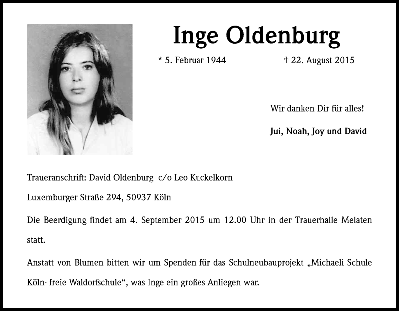  Traueranzeige für Inge Oldenburg vom 29.08.2015 aus Kölner Stadt-Anzeiger / Kölnische Rundschau / Express