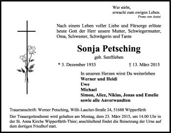 Anzeige von Sonja Petsching von Kölner Stadt-Anzeiger / Kölnische Rundschau / Express