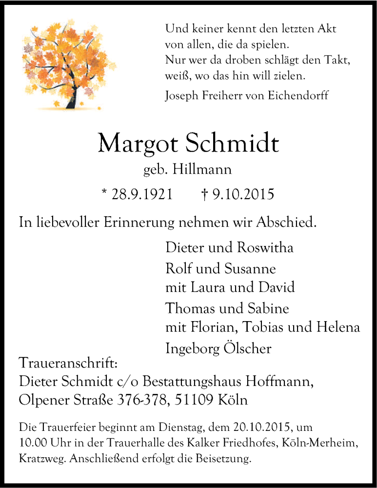  Traueranzeige für Margot Schmidt vom 17.10.2015 aus Kölner Stadt-Anzeiger / Kölnische Rundschau / Express