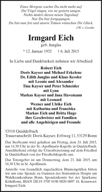 Anzeige von Irmgard Eich 