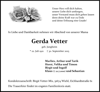 Anzeige von Gerda Vetter von Kölner Stadt-Anzeiger / Kölnische Rundschau / Express