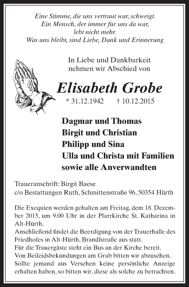  Traueranzeige für Elisabeth Grobe vom 16.12.2015 aus  Wochenende 