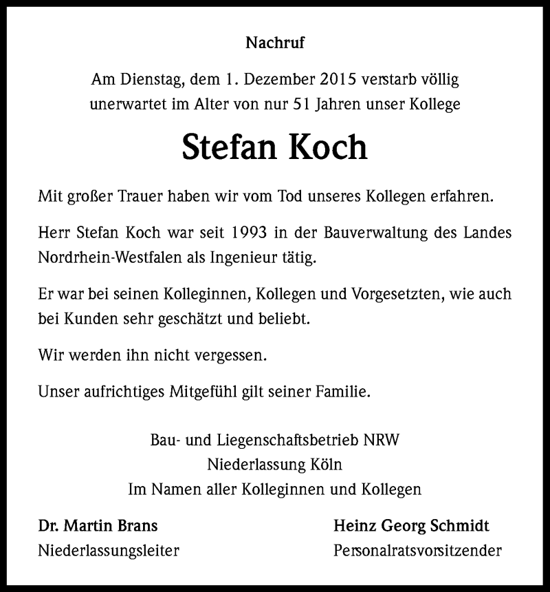  Traueranzeige für Stefan   Koch vom 05.12.2015 aus Kölner Stadt-Anzeiger / Kölnische Rundschau / Express