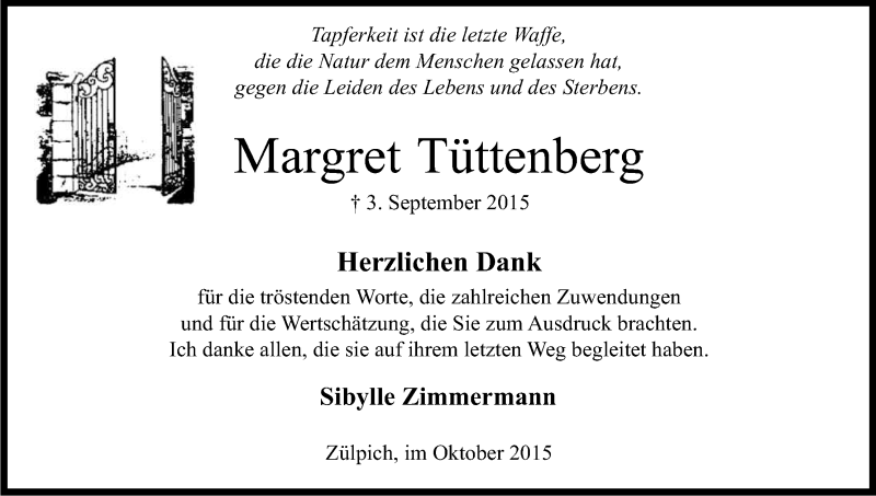 Traueranzeige für Margret Tüttenberg vom 24.10.2015 aus Kölner Stadt-Anzeiger / Kölnische Rundschau / Express