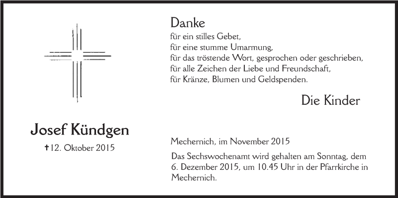  Traueranzeige für Josef Kündgen vom 29.11.2015 aus  Blickpunkt Euskirchen 