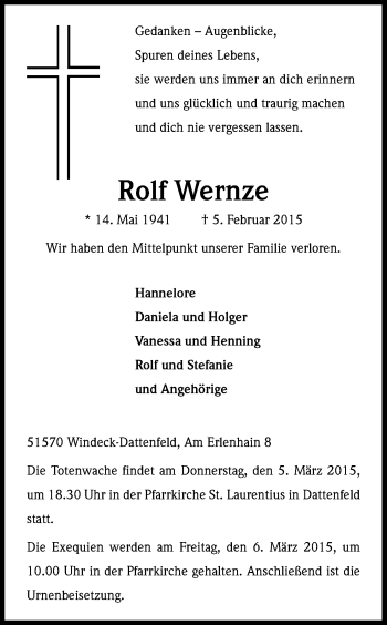 Anzeige von Rolf Wernze von Kölner Stadt-Anzeiger / Kölnische Rundschau / Express