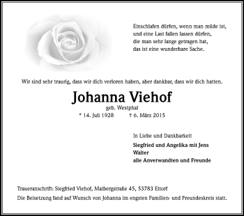 Anzeige von Johanna Viehof von Kölner Stadt-Anzeiger / Kölnische Rundschau / Express