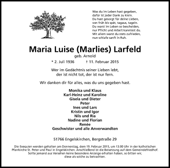Anzeige von Maria Luise Larfeld von Kölner Stadt-Anzeiger / Kölnische Rundschau / Express
