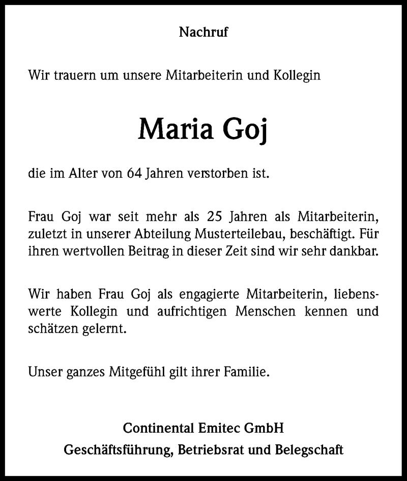  Traueranzeige für Maria Goj vom 24.10.2015 aus Kölner Stadt-Anzeiger / Kölnische Rundschau / Express