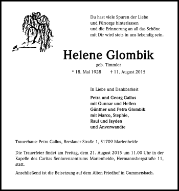 Anzeige von Helene Glombik von Kölner Stadt-Anzeiger / Kölnische Rundschau / Express