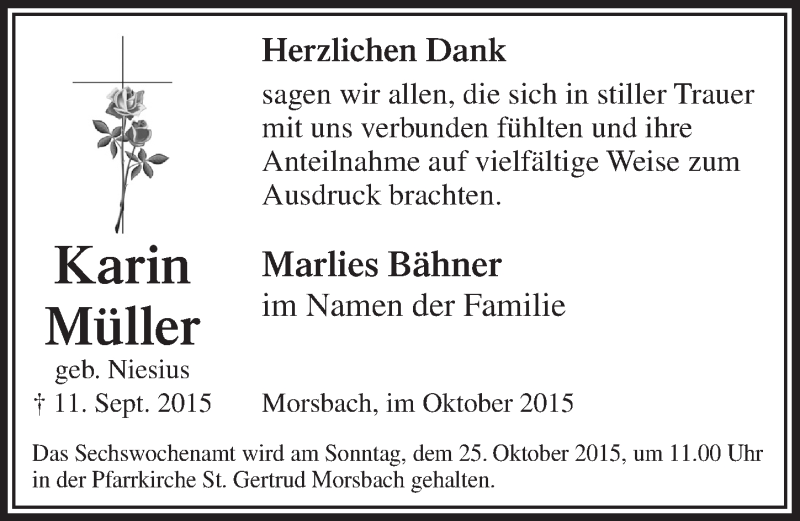  Traueranzeige für Marlies Müller vom 21.10.2015 aus  Lokalanzeiger 