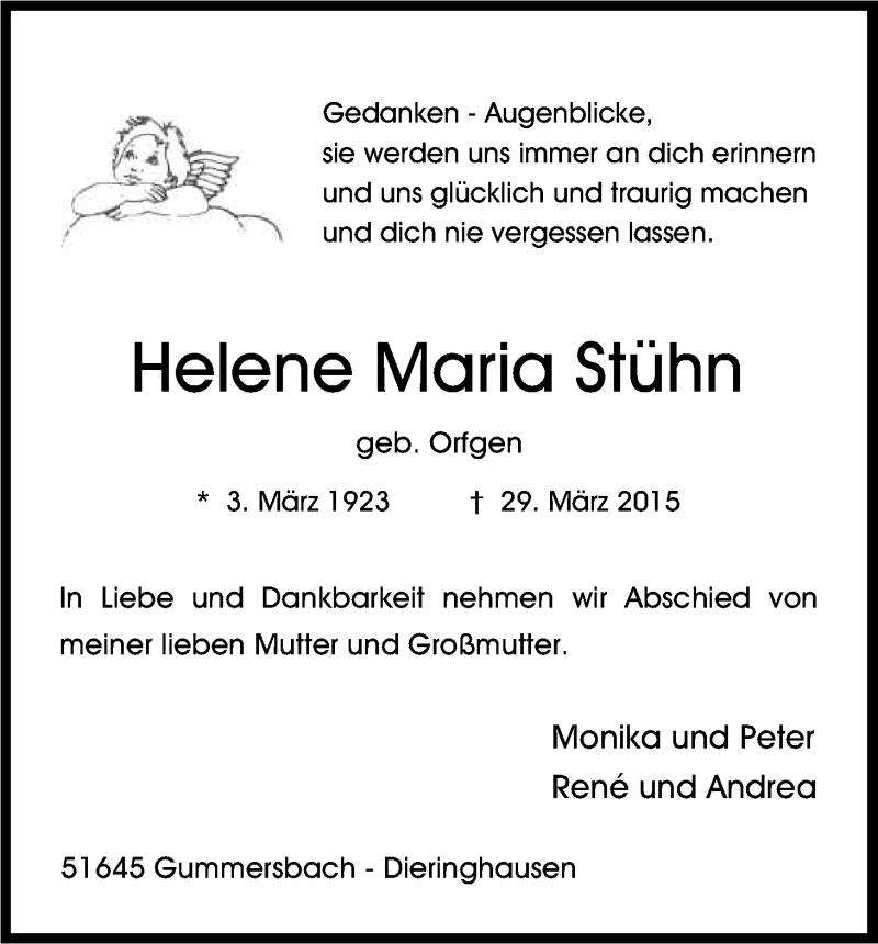  Traueranzeige für Helene Maria Stühn vom 31.03.2015 aus Kölner Stadt-Anzeiger / Kölnische Rundschau / Express