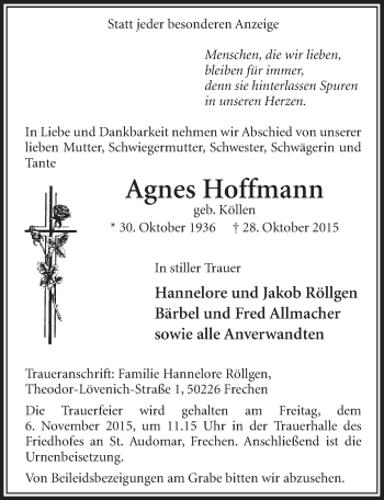 Anzeige von Agnes Hoffmann von  Sonntags-Post 