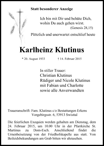 Anzeige von Karlheinz Klutinus von Kölner Stadt-Anzeiger / Kölnische Rundschau / Express