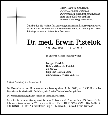 Anzeige von Erwin Pistelok von Kölner Stadt-Anzeiger / Kölnische Rundschau / Express