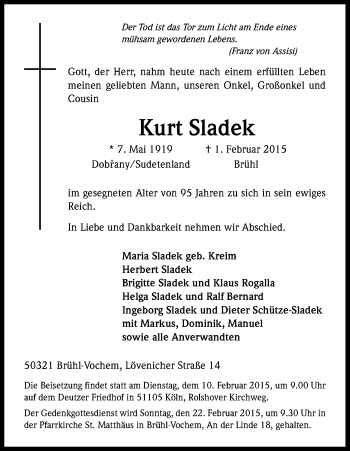 Anzeige von Kurt Sladek von Kölner Stadt-Anzeiger / Kölnische Rundschau / Express