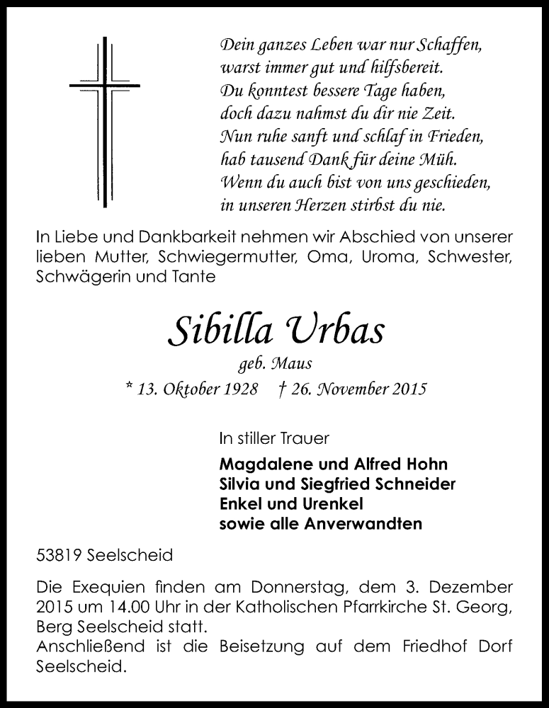  Traueranzeige für Sibilla Urbas vom 30.11.2015 aus Kölner Stadt-Anzeiger / Kölnische Rundschau / Express