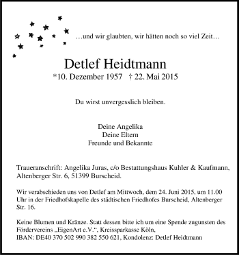 Anzeige von Detlef Heidtmann von Kölner Stadt-Anzeiger / Kölnische Rundschau / Express