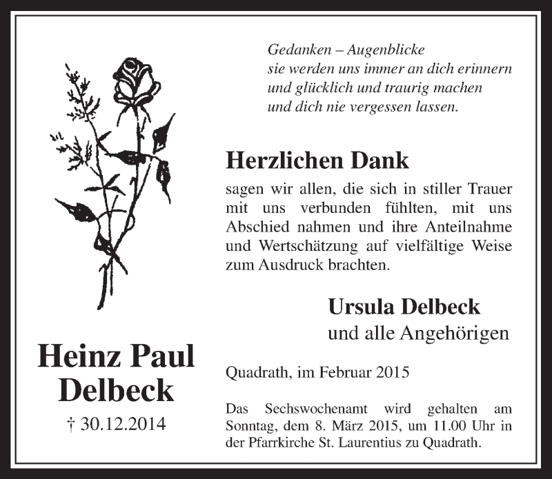  Traueranzeige für Heinz Paul Delbeck vom 25.02.2015 aus  Werbepost 