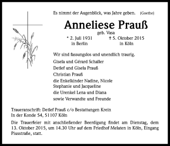 Anzeige von Anneliese Prauß von Kölner Stadt-Anzeiger / Kölnische Rundschau / Express