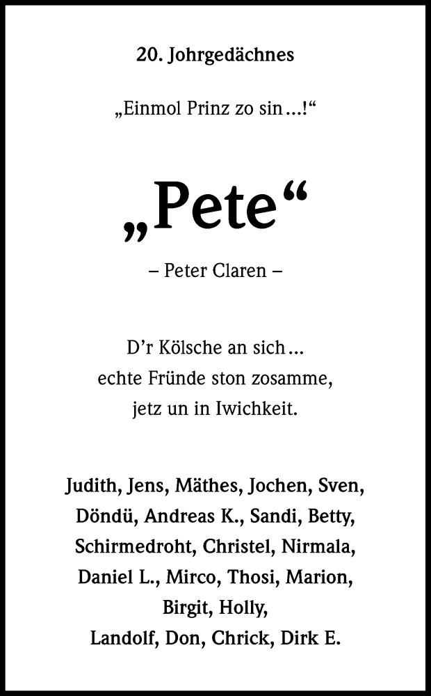 Traueranzeige für Peter Claren vom 08.08.2015 aus Kölner Stadt-Anzeiger / Kölnische Rundschau / Express