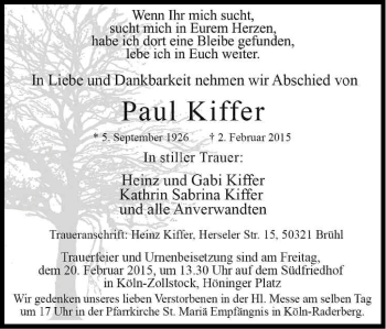 Anzeige von Paul Kiffer von Kölner Stadt-Anzeiger / Kölnische Rundschau / Express