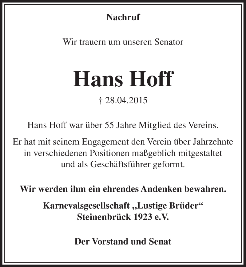  Traueranzeige für Hans Hoff vom 09.05.2015 aus  Bergisches Sonntagsblatt 