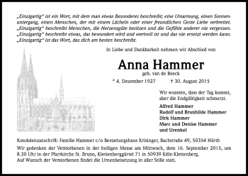 Anzeige von Anna Hammer von Kölner Stadt-Anzeiger / Kölnische Rundschau / Express