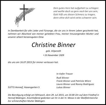 Anzeige von Christine Binner von Kölner Stadt-Anzeiger / Kölnische Rundschau / Express