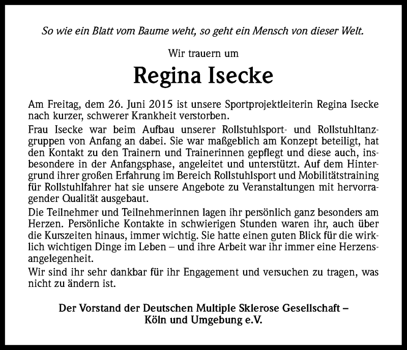  Traueranzeige für Regina Isecke vom 11.07.2015 aus Kölner Stadt-Anzeiger / Kölnische Rundschau / Express