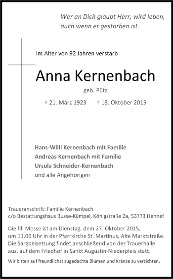 Anzeige von Anna Kernenbach von Kölner Stadt-Anzeiger / Kölnische Rundschau / Express