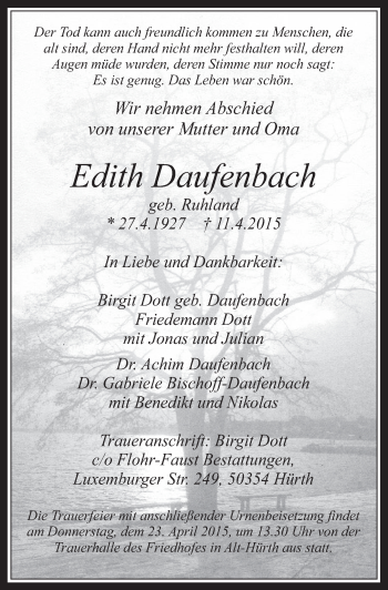 Anzeige von Edith Daufenbach von  Wochenende 