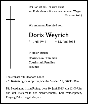 Anzeige von Doris Weyrich von Kölner Stadt-Anzeiger / Kölnische Rundschau / Express