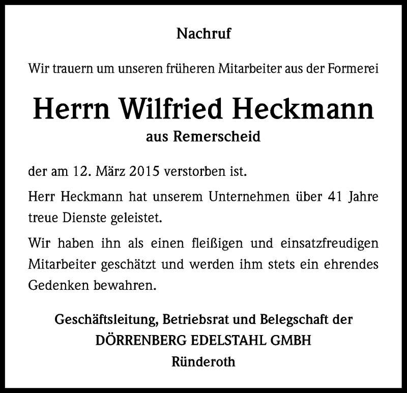  Traueranzeige für Wilfried Heckmann vom 25.03.2015 aus Kölner Stadt-Anzeiger / Kölnische Rundschau / Express