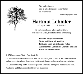 Anzeige von Hartmut Lehmler von Kölner Stadt-Anzeiger / Kölnische Rundschau / Express