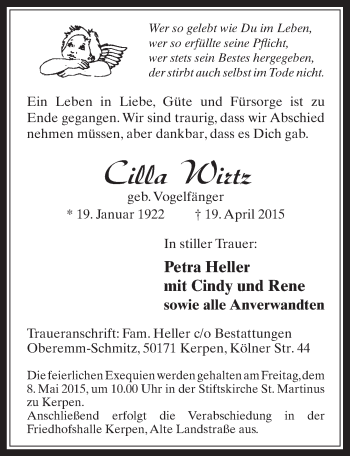 Anzeige von Cilla Wirtz von  Werbepost 