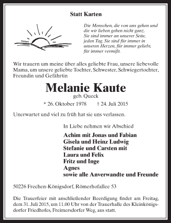 Anzeige von Melanie Kaute von  Wochenende 