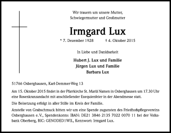 Anzeige von Irmgard Lux von Kölner Stadt-Anzeiger / Kölnische Rundschau / Express