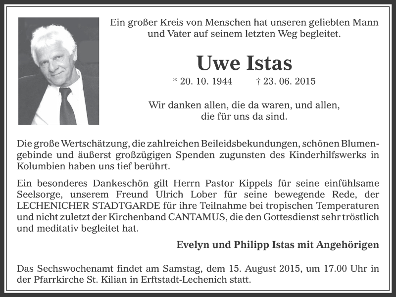  Traueranzeige für Uwe Istas vom 05.08.2015 aus  Werbepost 