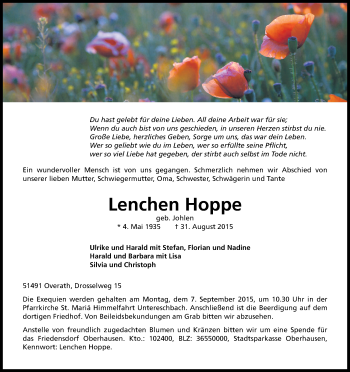 Anzeige von Lenchen Hoppe von Kölner Stadt-Anzeiger / Kölnische Rundschau / Express